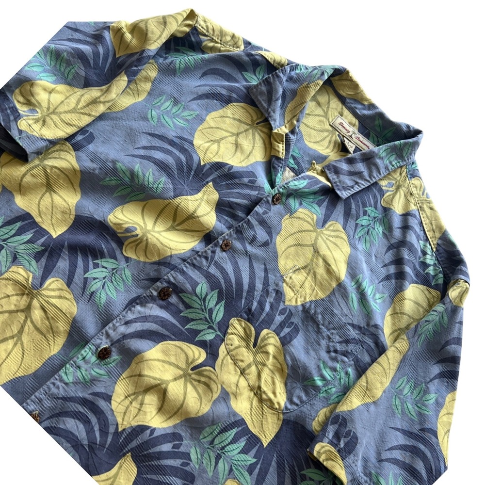 Tommy Bahama Men's Large 100% Silk Hawaiian Shirt Botanical Leaf Print Tropical
